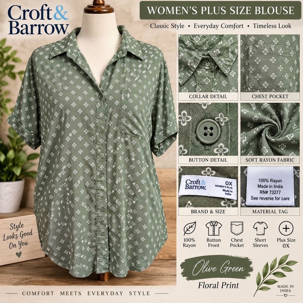 Croft & Barrow Olive Green Floral Rayon Button Down Blouse Womens Plus 0X
